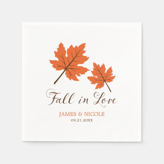Fall in Love Orange Brown Leaves Wedding Napkin (Front)