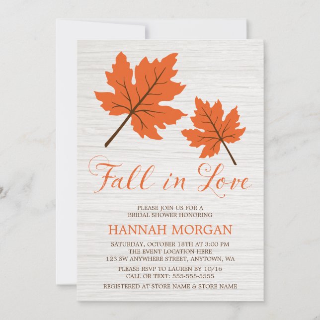 Fall in Love Orange Leaves Bridal Shower Invitation (Front)