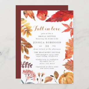 Fall In Love Orange Leaves & Pumpkin Bridal Shower Invitation