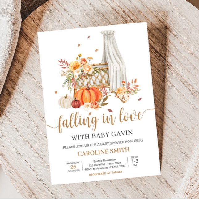 Fall In Love Orange Pumpkin Baby Shower  Invitation (Fall Floral Pumpkin Baby Shower Invitation)