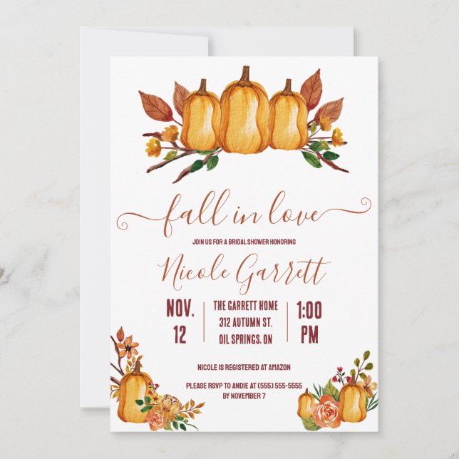Fall in Love, Orange Pumpkin, Floral Bridal Shower Invitation (Front)