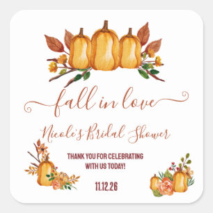 Fall in Love, Orange Pumpkin, Floral Bridal Shower Square Sticker