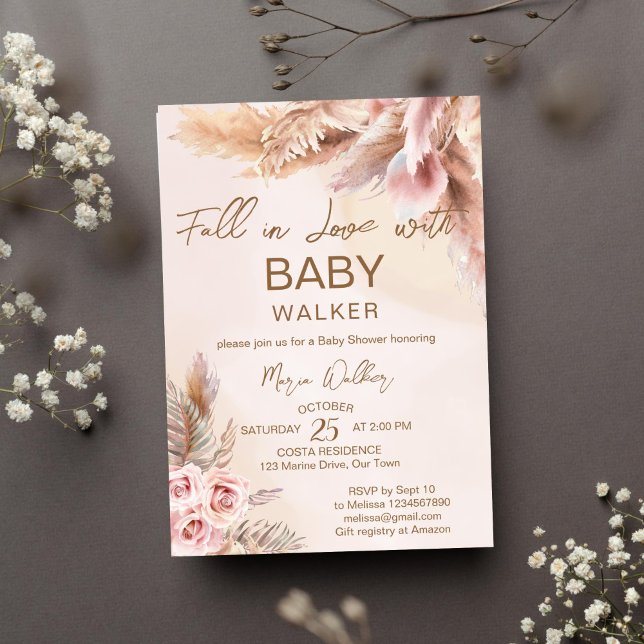 Fall in love pampas grass boho baby shower invitation (Fall in love baby shower pampas grass boho dried flowers invitation template instant download)