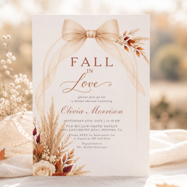 Fall In Love Pampas Grass Bow Bridal Shower Invitation (Creator Uploaded)