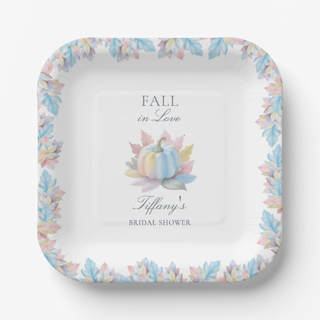 Fall in Love Pastel Blue Pumpkin Bridal Shower Paper Plate (Front)