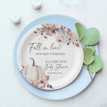 Fall in love pastel boho pumpkin baby shower  paper plate<br><div class="desc">Fall in love autumn baby shower monogrammed personalised printed paper plates  template ,  pastel muted brown watercolor boho foliage with dahlias and plates modern font baby shower table decor personalised tableware</div>