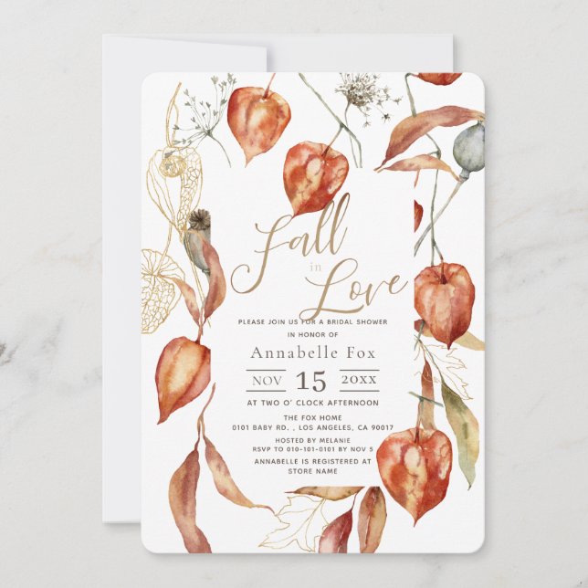Fall in Love Physalis Autumn Bridal Shower Invitation (Front)
