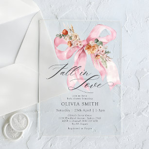 Fall in Love Pink Bow Floral Baby Shower Acrylic Invitations