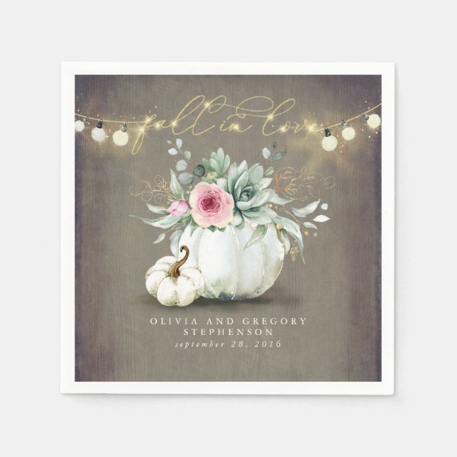 Fall in Love Pink Floral Pumpkins Elegant Rustic Napkin (Front)