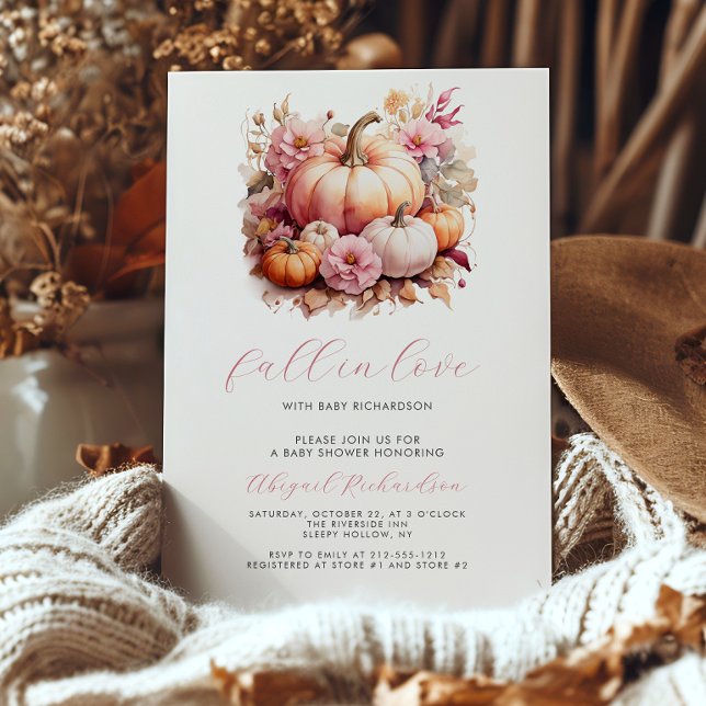 Fall in Love Pink Floral Pumpkins Girl Baby Shower Invitation (Creator Uploaded)