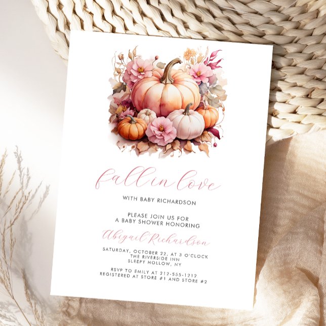 Fall in Love Pink Floral Pumpkins Girl Baby Shower Postcard (Creator Uploaded)