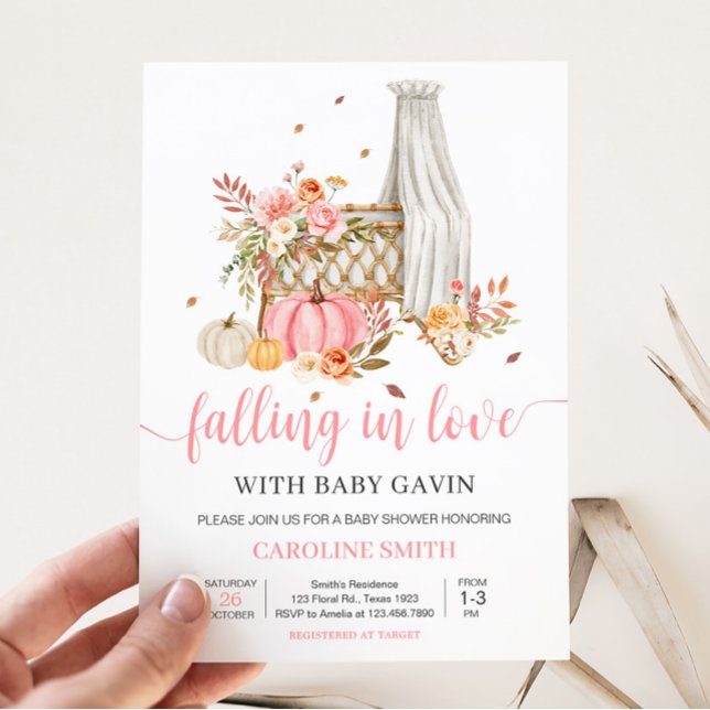 Fall In Love Pink Pumpkin Baby Shower Invitation (Fall Autumn Pumpkin Baby Shower Invitation)