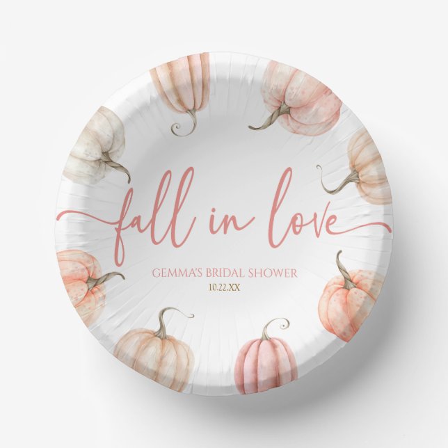 Fall In Love Pink Pumpkin Bridal Shower Paper Plate (Front)