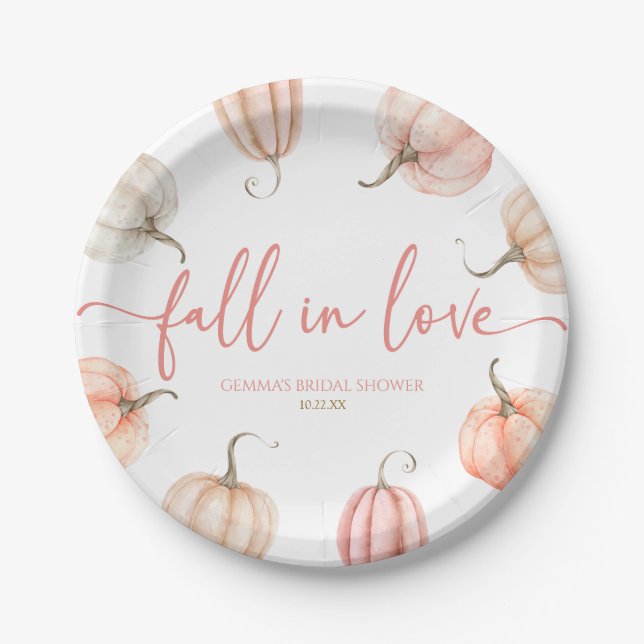Fall In Love Pink Pumpkin Bridal Shower Paper Plate (Front)