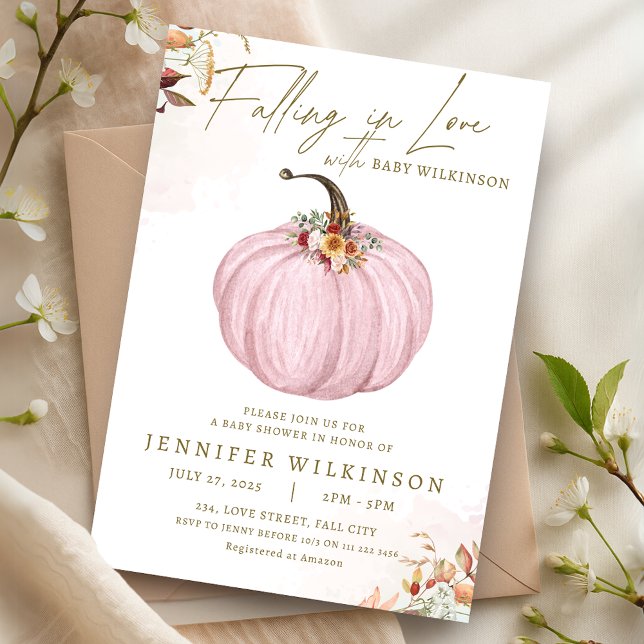Fall in Love Pink Pumpkin Girl Baby Shower  Invitation (Fall in Love Pink Pumpkin Girl Baby Shower Invitation)