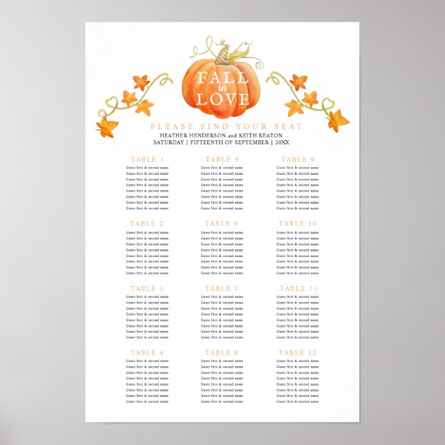 Fall in love pumpkin 12 wedding tables plan poster (Front)