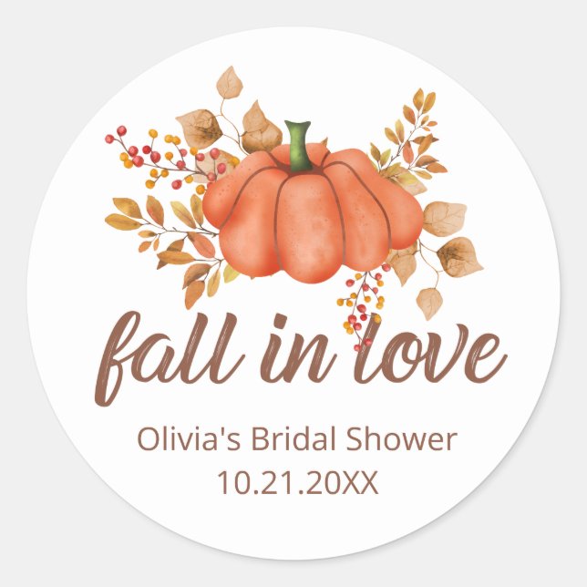 Fall in Love Pumpkin Autumn Bridal Shower  Classic Round Sticker (Front)