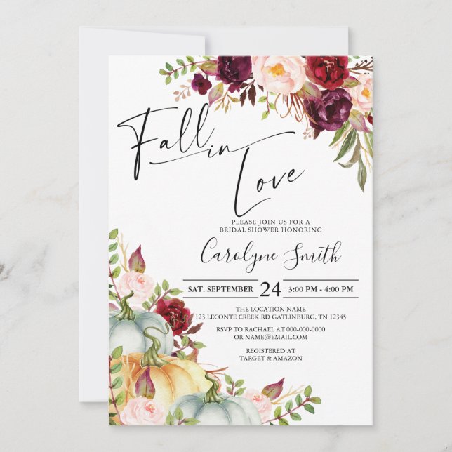 Fall in Love Pumpkin Autumn Floral Bridal Shower Invitation (Front)