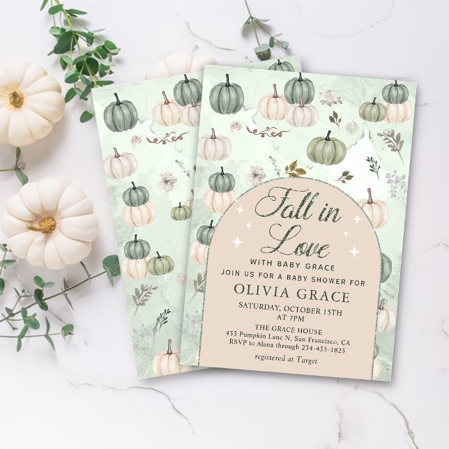  Fall in Love Pumpkin Autumn Green Baby Shower Invitation (Creator Uploaded)
