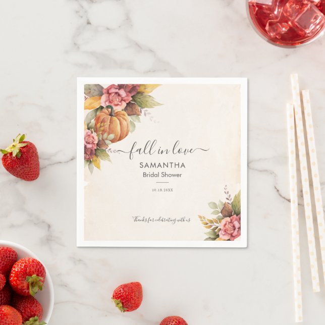 Fall in Love Pumpkin Autumn Leaves Bridal Shower Napkin (Insitu)