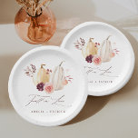 Fall in Love Pumpkin Autumn Wedding Paper Plate<br><div class="desc">This wedding paper plate features watercolor white and yellow pumpkins adorned with burgundy,  maroon,  and blush pink flowers over fall leaves.  For more advanced customisation of this design,  please click the BLUE DESIGN TOOL BUTTON. Matching items are also available.</div>