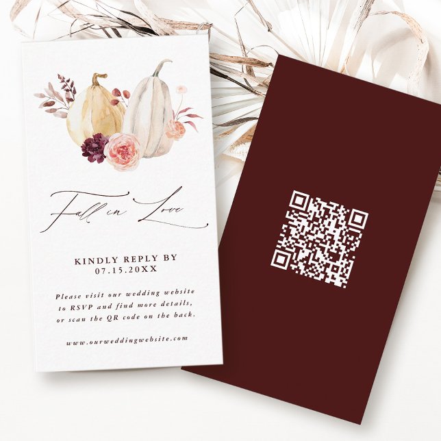 Fall in Love Pumpkin Autumn Wedding QR Code RSVP Enclosure Card (Front & Back)