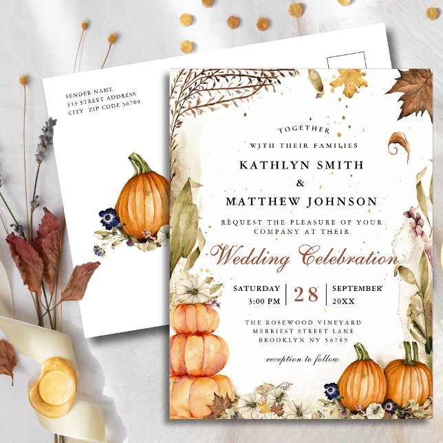Fall In Love Pumpkin Botanical Autumn Wedding Invitation Postcard (Creator Uploaded)