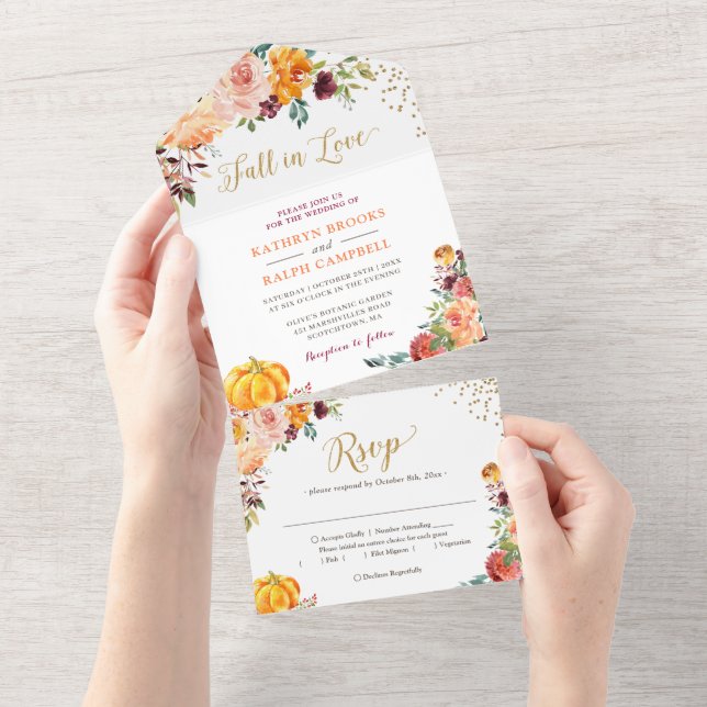 Fall in Love Pumpkin Botanical Floral Gold Wedding All In One Invitation (Tearaway)