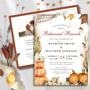 Fall In Love Pumpkin Botanical Rehearsal Brunch Invitation Postcard