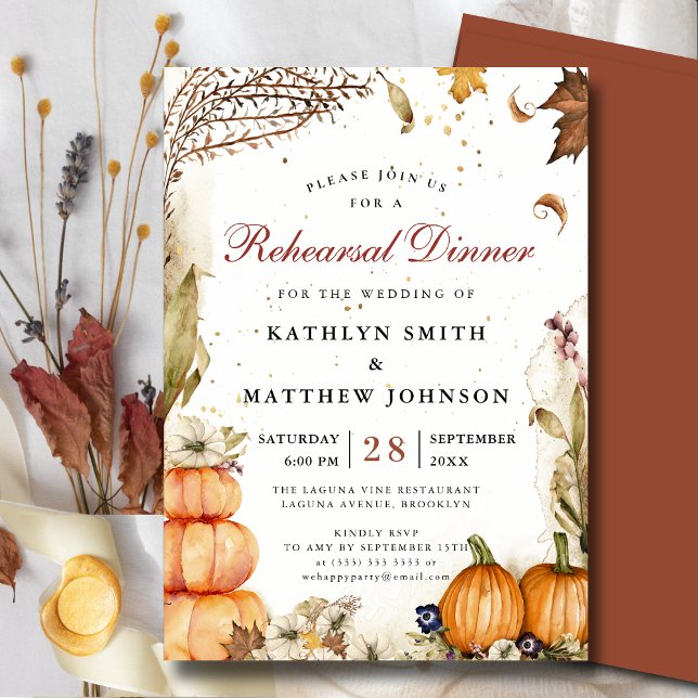 Fall In Love Pumpkin Botanical Rehearsal Dinner Invitation (Creator Uploaded)