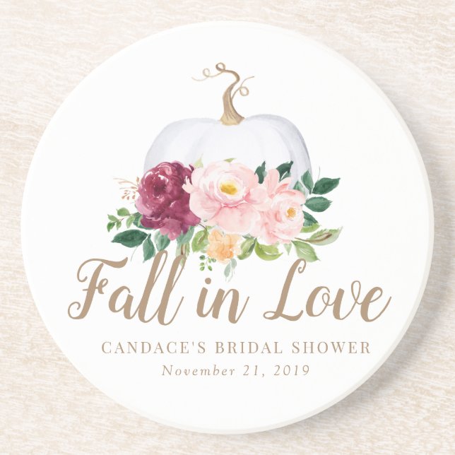 Fall in Love Pumpkin Bridal Shower Sticker Coaster (Front)