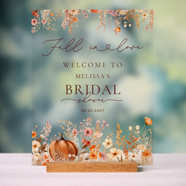 Fall in Love Pumpkin Bridal Shower Welcome Acrylic Sign (Neutral)