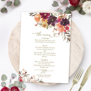Fall in Love Pumpkin Burgundy Wedding Menu Card