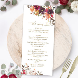 Fall in Love Pumpkin Burgundy Wedding Menu Cards