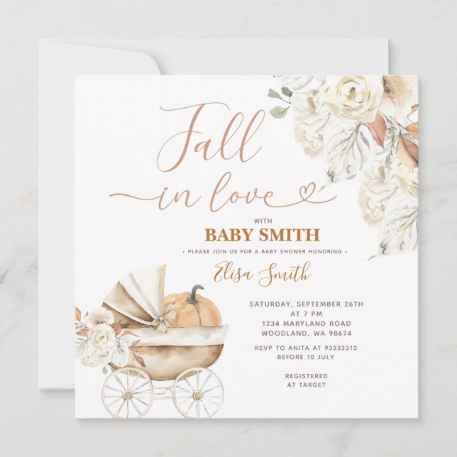 Fall In Love Pumpkin Carriage Floral Baby Shower Invitation (Front)