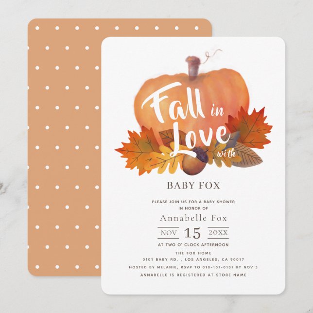 Fall in Love Pumpkin Fall Leaves Baby Shower Invitation (Front/Back)