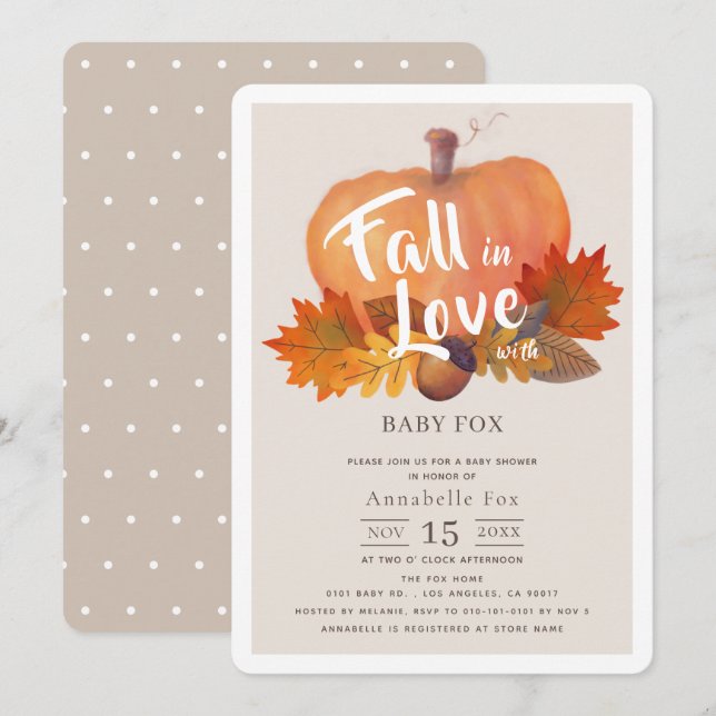 Fall in Love Pumpkin Fall Leaves Beige Baby Shower Invitation (Front/Back)