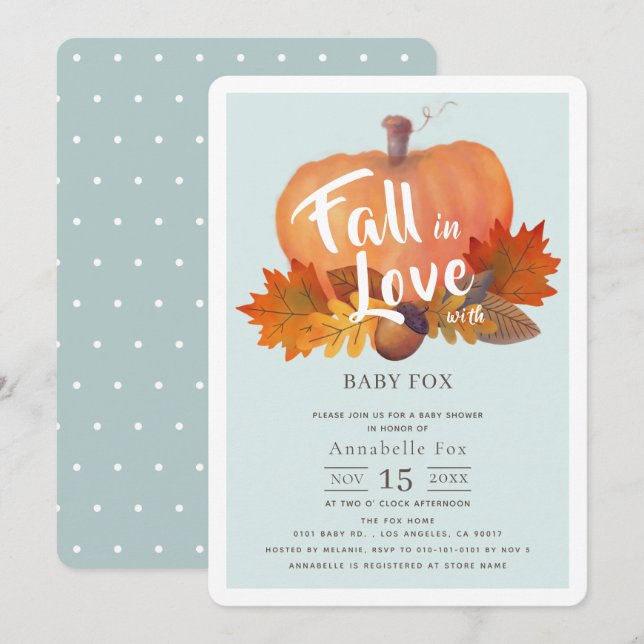 Fall in Love Pumpkin Fall Leaves Blue Baby Shower Invitation (Front/Back)