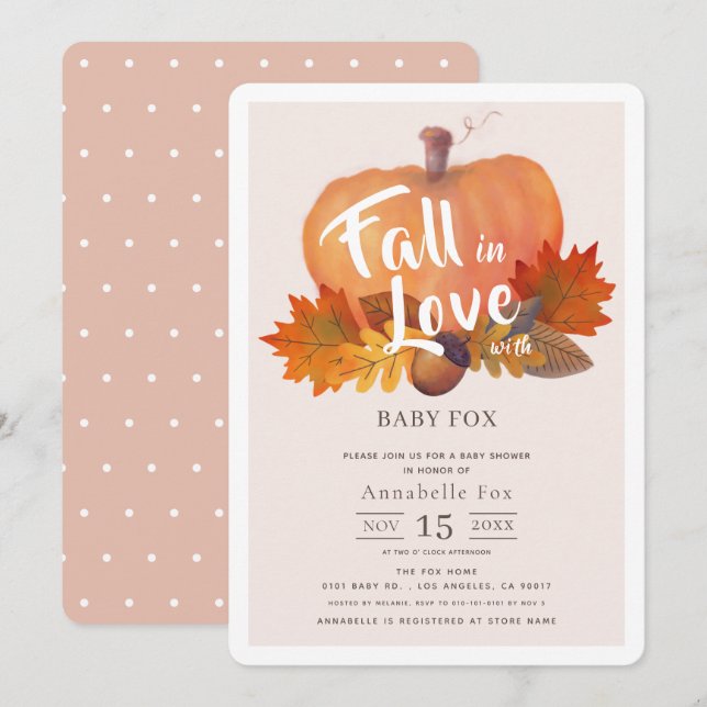 Fall in Love Pumpkin Fall Leaves Pink Baby Shower Invitation (Front/Back)