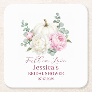Fall in Love Pumpkin Fall Peony Bridal Shower  Square Paper Coaster