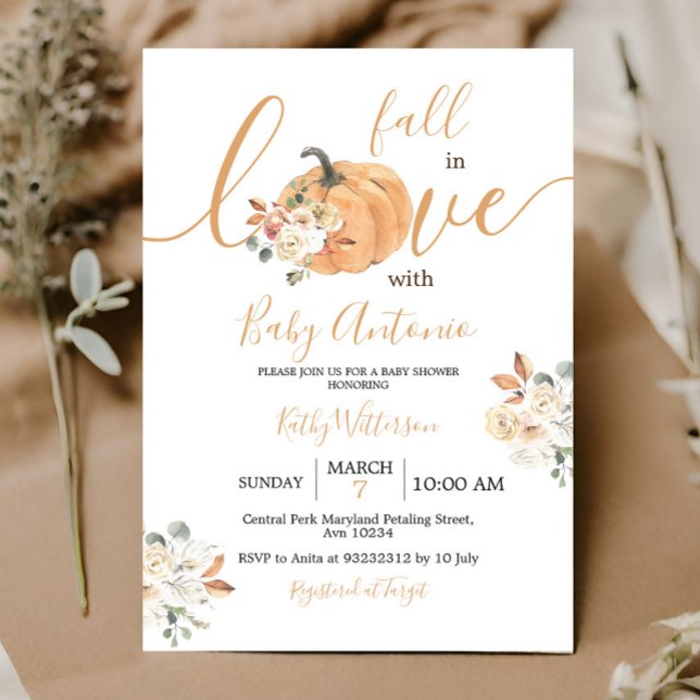 Fall in Love Pumpkin Floral Baby Shower Invitation (Creator Uploaded)