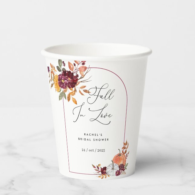 Fall In Love Pumpkin Floral Bridal Shower Paper Cups (Front)