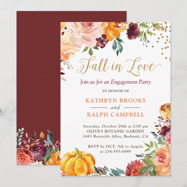 Fall in Love Pumpkin Floral Gold Engagement Party Invitation (Front/Back)
