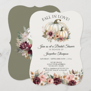 Fall in Love Pumpkin Floral Green Bridal Shower Invitation