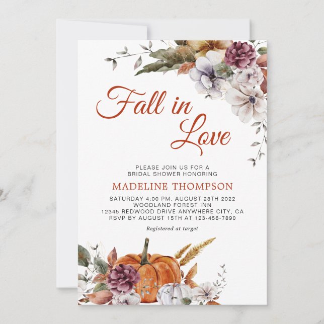 Fall in Love Pumpkin Floral Plum Bridal Shower Invitation (Front)