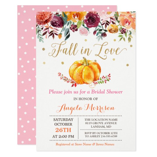 Fall in Love Pumpkin Gold Pink Bridal Shower Card