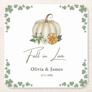 Fall in Love Pumpkin Greenery Sage Green Wedding Square Paper Coaster