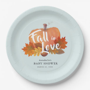 Fall in Love Pumpkin Leaves Blue Baby Shower Paper Plate