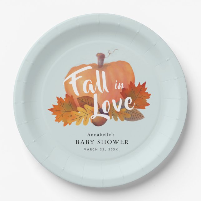 Fall in Love Pumpkin Leaves Blue Baby Shower Paper Plate (Front)