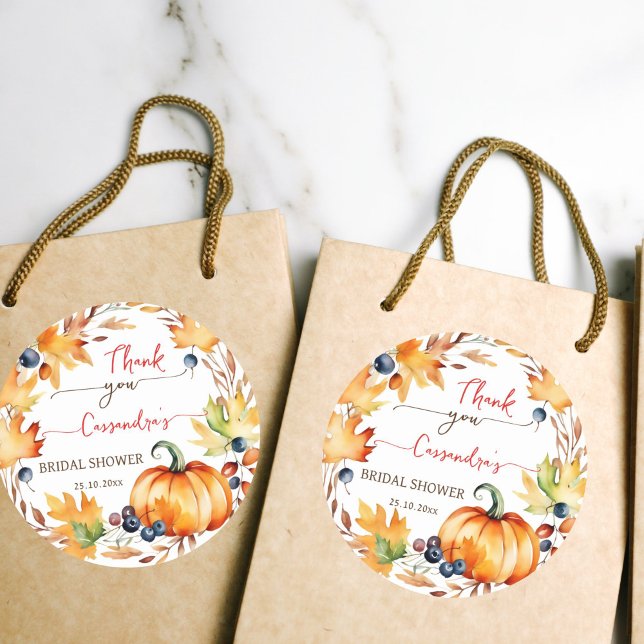 Fall in love pumpkin leaves wreath bridal shower classic round sticker (Fall in love bridal shower favor gift thank you stickers pumpkin autumn leaves berry wreath stickers)
